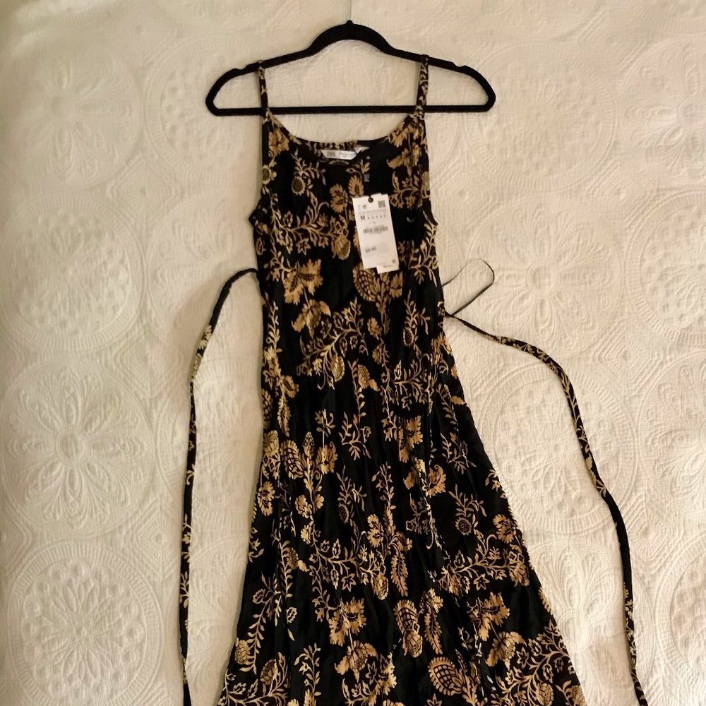 Zara Black and Copper Print Wrap Dress - Maxi, Size Medium